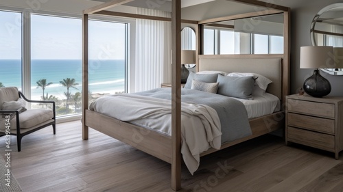 Bedroom decor, home interior design . Coastal Modern style with Ocean View decorated with Wood and Glass material . Generative AI AIG26. photo