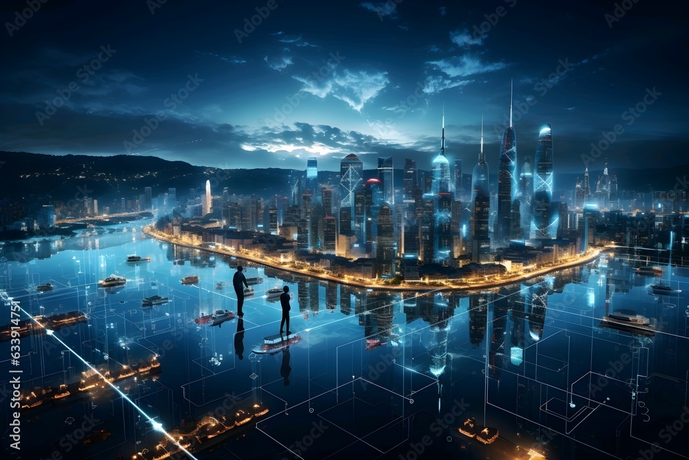 Double exposure of modern city at night and futuristic network connection concept