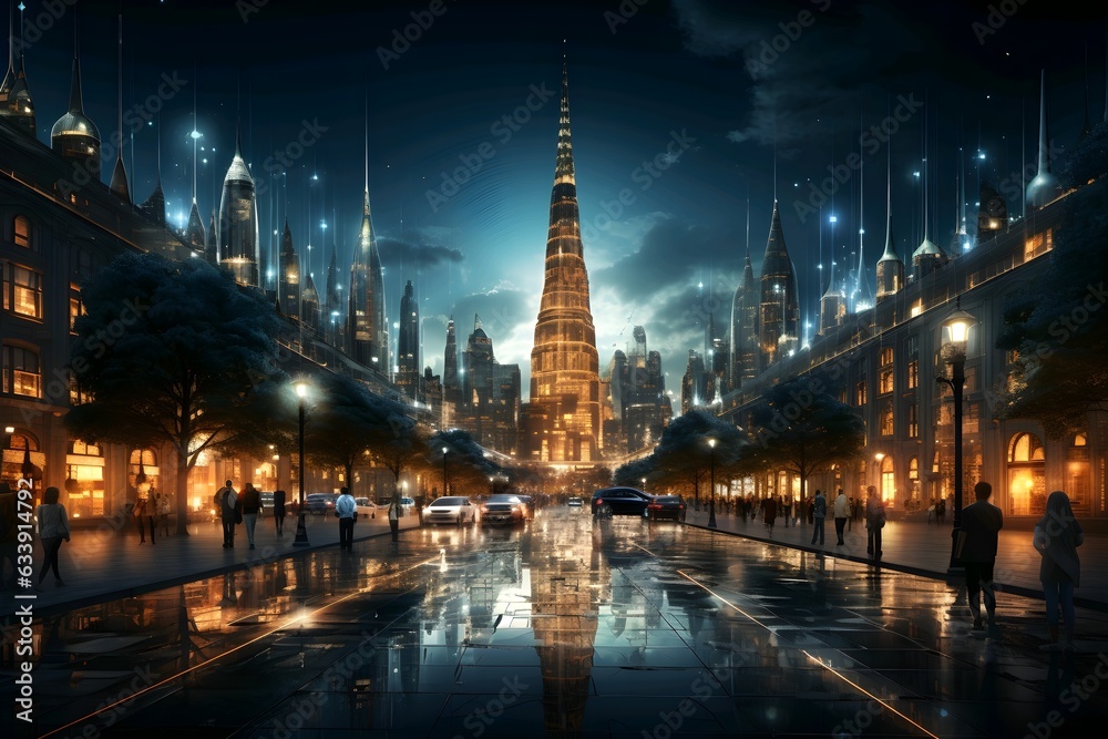 Double exposure of modern city at night and futuristic network connection concept