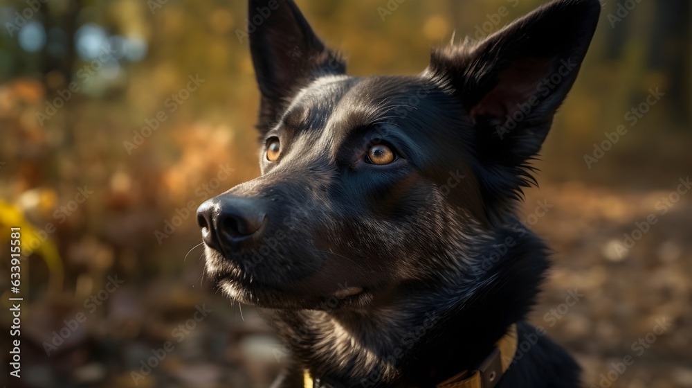 Portrait of black Australian Kelpie dog looking up and stare, nature blur background. Generative AI technology.