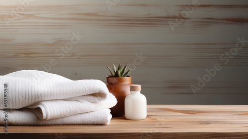 Towels with shampoo, conditioner, shower milk and handmade soap on neutral background. Spa concept.
