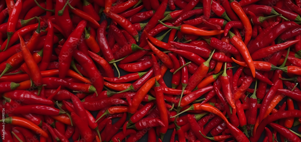 Naklejka premium A vibrant texture of fresh red chili peppers creates a spicy background. Hot peppers.