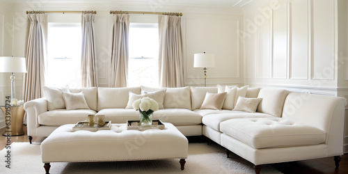 cream interior design, a cream, neutral colour palette, decadence, luxury lounge room, a white velvet, buttoned chaise lounger, a large corner sofa with comfortable plush pillows Fototapeta