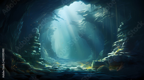 A mysterious underwater hideaway where eels twist and turn amidst rocky crevices