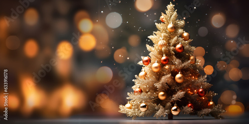 Christmas tree decoration with lights bokeh blurred background  AI generate