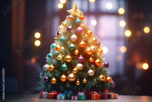 Christmas tree decoration with lights bokeh blurred background, AI generate