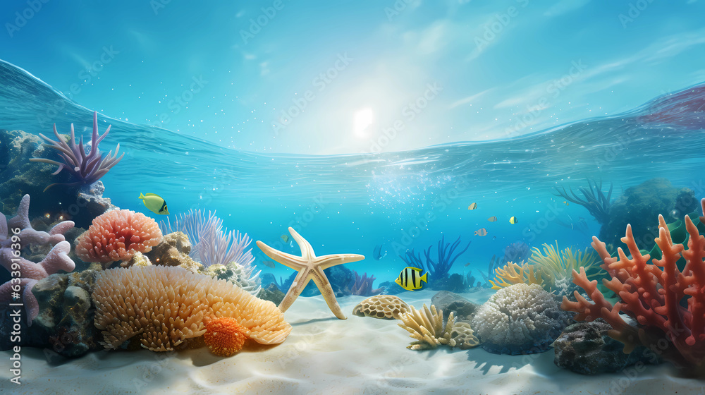 An enchanting scene of starfish adorning the ocean floor - obrazy, fototapety, plakaty 
