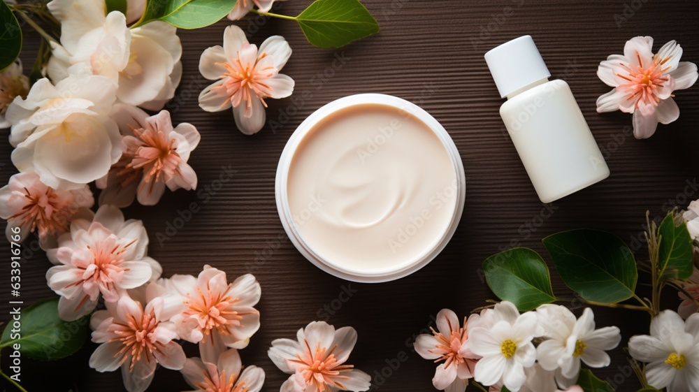 top view of cream with flowers on neutral background. Spa concept.
