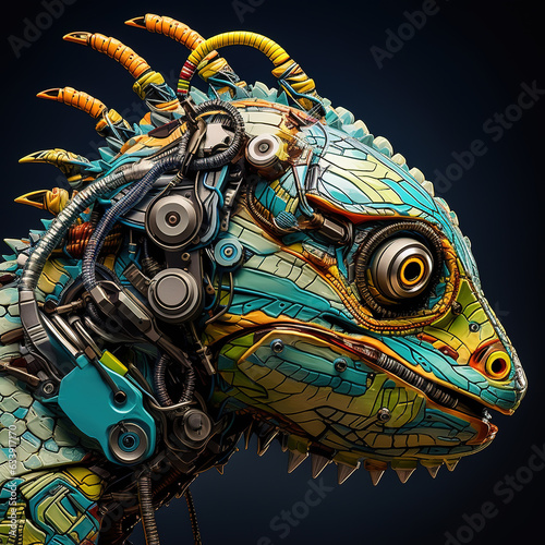 A chameleon head that is a futuristic machine of the future world. Reptile. Animals. Illustration, Generative AI.