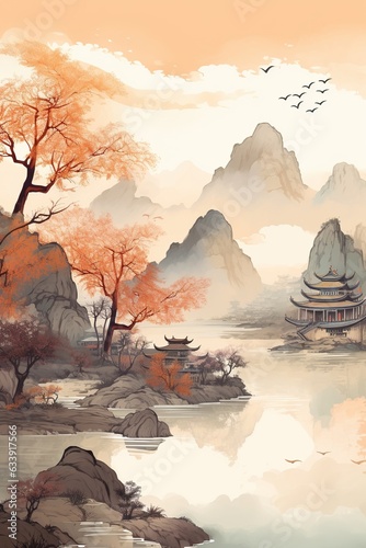 Chinese painting style landscape. Asian traditional culture illustration drawing Photo