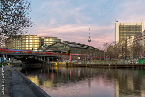 View of the Spree, Friedrichstrasse train station, and the Berlin TV tower