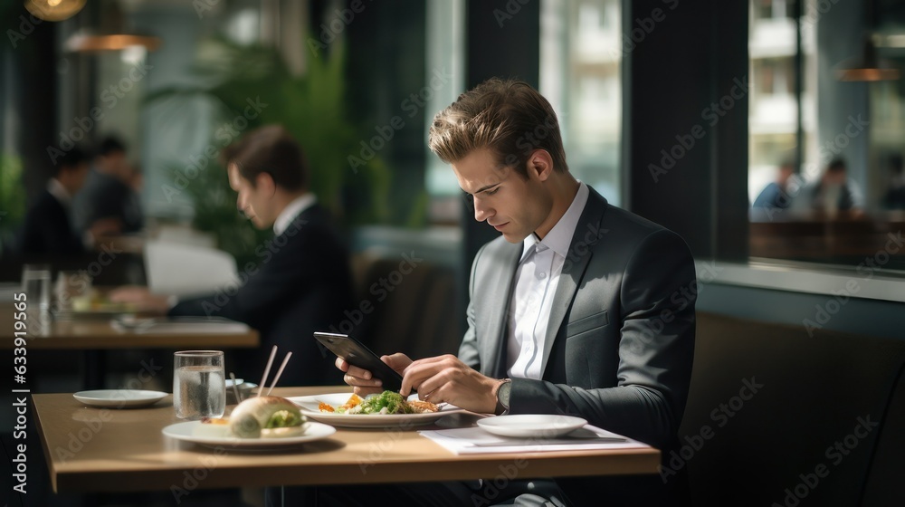 Young white businessman wearing suit at restaurant sitting at table at lunch dinner looking down at phone device 