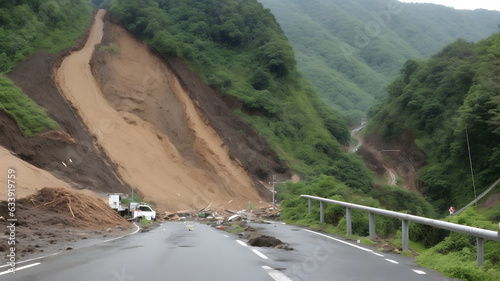 地滑り、土砂崩れ、土石流、大雨｜Landslides, landslides, debris flows, heavy rain. Generative AI photo