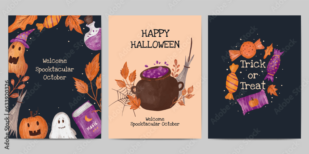 Hand drawn halloween card collection illustration