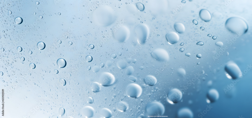 A close-up of clear water droplets scattered on a transparent glass surface with a soft blue background