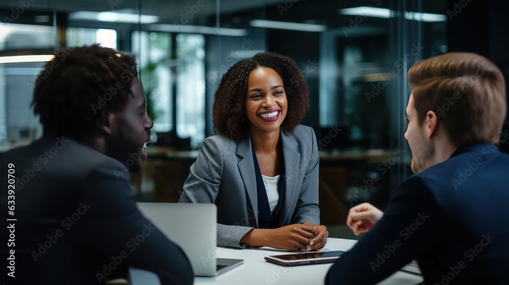 Young black businesswoman sitting in office wearing suit smiling at desk two coworkers