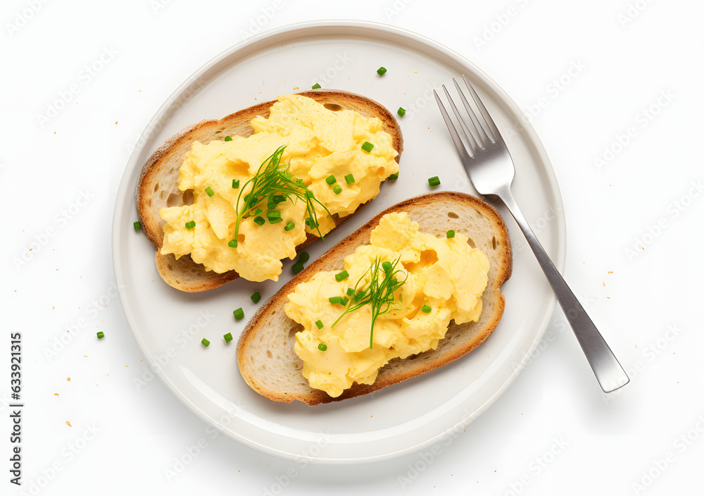 Two pieces of toast with scrambled egg and parsley on a white plate, isolated on white