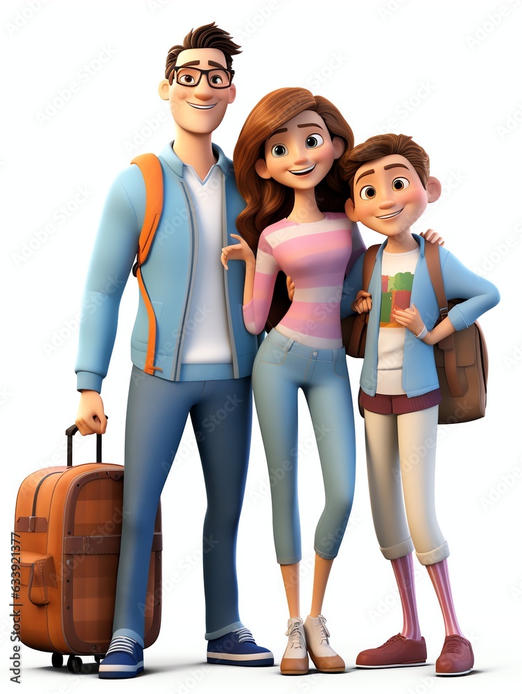 Obraz premium Happy Family with Baby People Standing Holding Hands isolated on white background 3D rendering illustration. Mother Father Daughter Son go to travel.