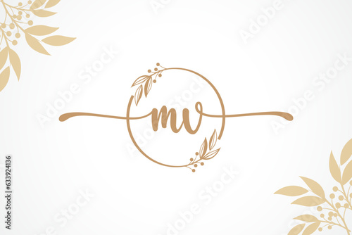 luxury gold signature initial mv logo design isolated leaf and flower