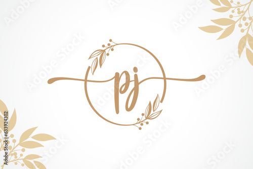 luxury signature initial pj logo design isolated leaf and flower