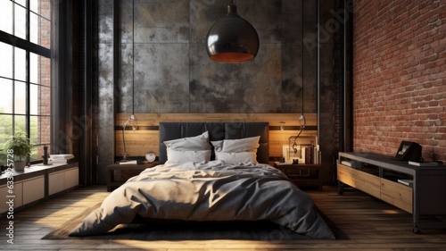 Bedroom decor, home interior design . Industrial Rustic style with Exposed Brick Wall decorated with Metal and Wood material . Generative AI AIG26. photo