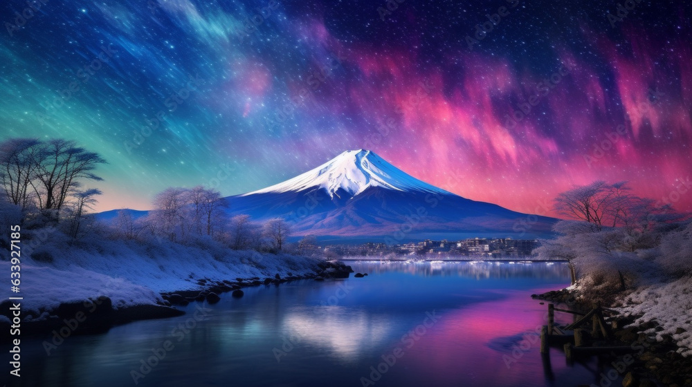 Fuji and Aurora Borealis