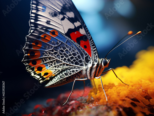 Close-up of butterfly in the rain. Vibrant colors. AI generated. © Fernando