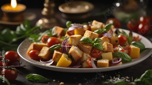 a close up of a plate of panzanella italian food on a table