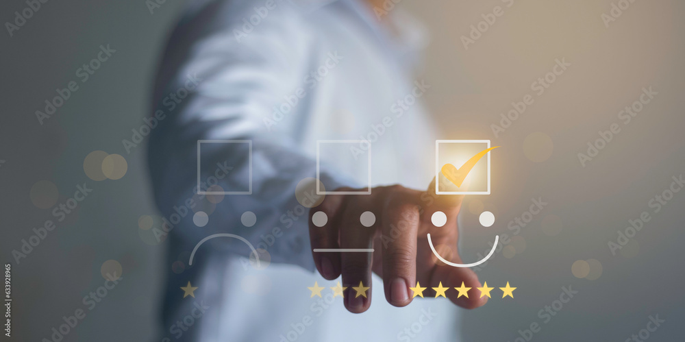 Business people rate service experience and product quality or staff friendliness and overall value for the price. information, amend, improve. Customer review satisfaction feedback survey concept. - obrazy, fototapety, plakaty 