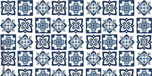 
Azulejo seamless pattern. Collection of ceramic tiles in Turkish style. Portuguese and Spanish decor in blue, white. Islam, Arabic, Indian, Ottoman motif