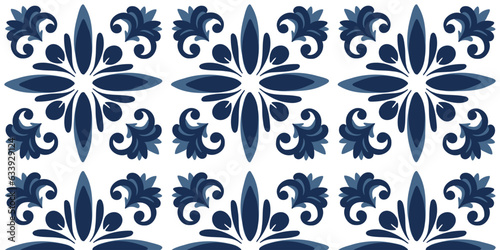 Seamless pattern with blue white azulejo Portuguese ceramic traditional tiles. Vector illustration	
