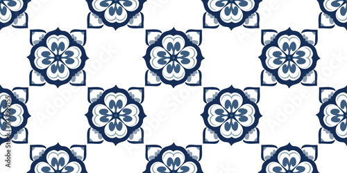 Seamless pattern with azulejo mosaic tiles, blue and white colors, mediterranean, portuguese, spanish and turkish traditional vintage style. Vector illustration