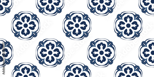 Portuguese tile pattern vector seamless with mosaic arabesque ornaments. Moroccan ceramic, lisbon azulejo, mexican talavera, italian sicily, spanish majolica, turkish, mediterranean texture design