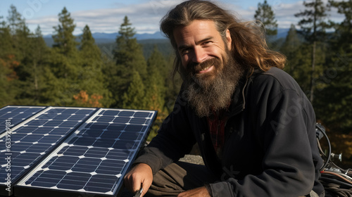 A bearded man with long hair is in a forest setting with foldable solar panels.