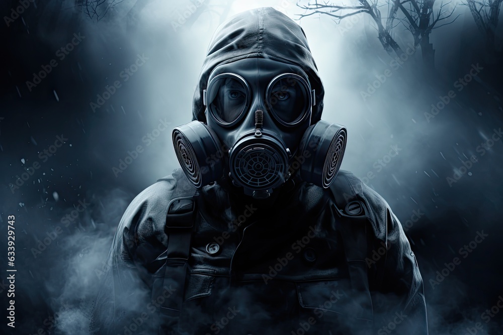 Person donning a gas mask amidst a smoky and dark-toned environment. Generative AI Person donning a gas mask amidst a smoky and dark-toned environment. Generative AI