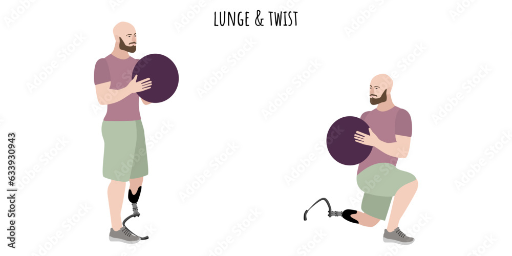 Man with a prosthetic leg doing lunge and twist Man with a prosthetic leg doing lunge and twist