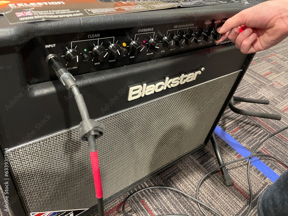 Guitar Center retail store interior Blackstar amp and cord Stock Photo