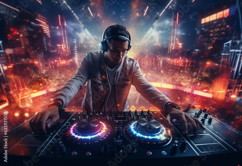 DJ playing and mixing music in nightclub party at night . EDM dance music club with crowd of young people celebrating the energetic youth lifestyle .. Peculiar AI generative image realistic image