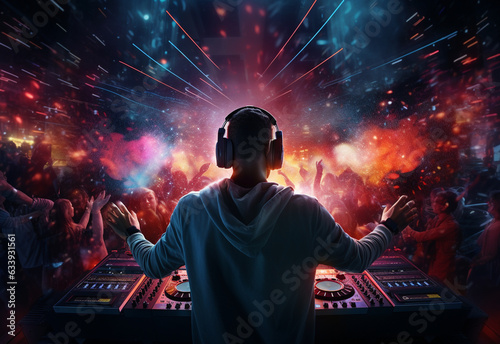 DJ playing and mixing music in nightclub party at night . EDM dance music club with crowd of young people celebrating the energetic youth lifestyle .. Peculiar AI generative image realistic image