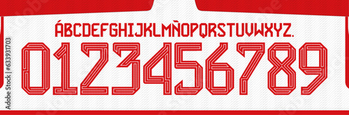 font vector team 2023 - 2024 kit sport style. football style font with lines. bayern font. The Reds font. sports style letters and numbers for soccer team