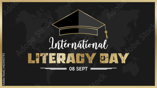 international literacy day with graduation cap, and world islands as background, september 08