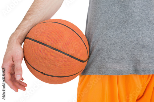 Digital png photo of midsection of caucasian man with basketball on transparent background