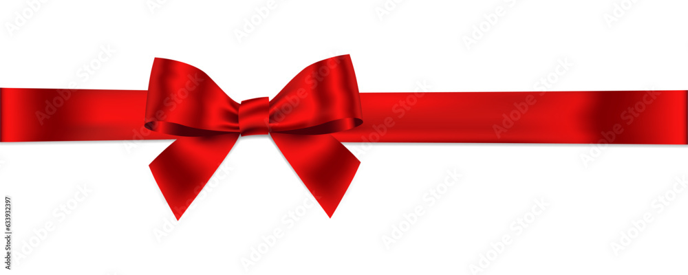 Red Ribbon Bow Realistic shiny satin with shadow horizontal ribbon for decorate your wedding invitation card ,greeting card or gift boxes vector EPS10 isolated on white background. - obrazy, fototapety, plakaty 