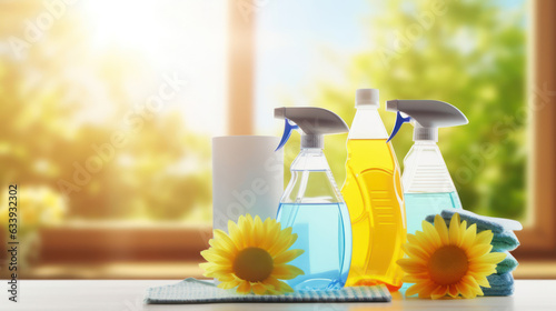 Cleaning products on blur sunny kichen background  photo
