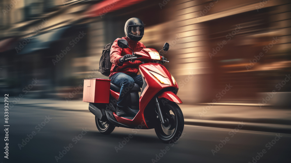 Delivery motorbike or scooter driver with courier box on back