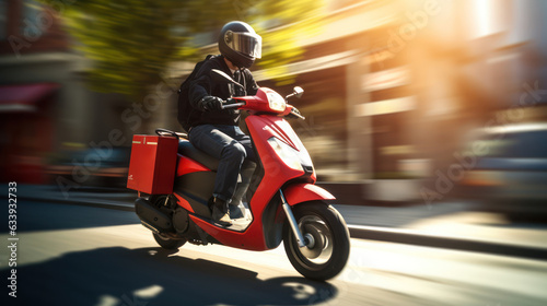 Delivery motorbike or scooter driver with courier box on back