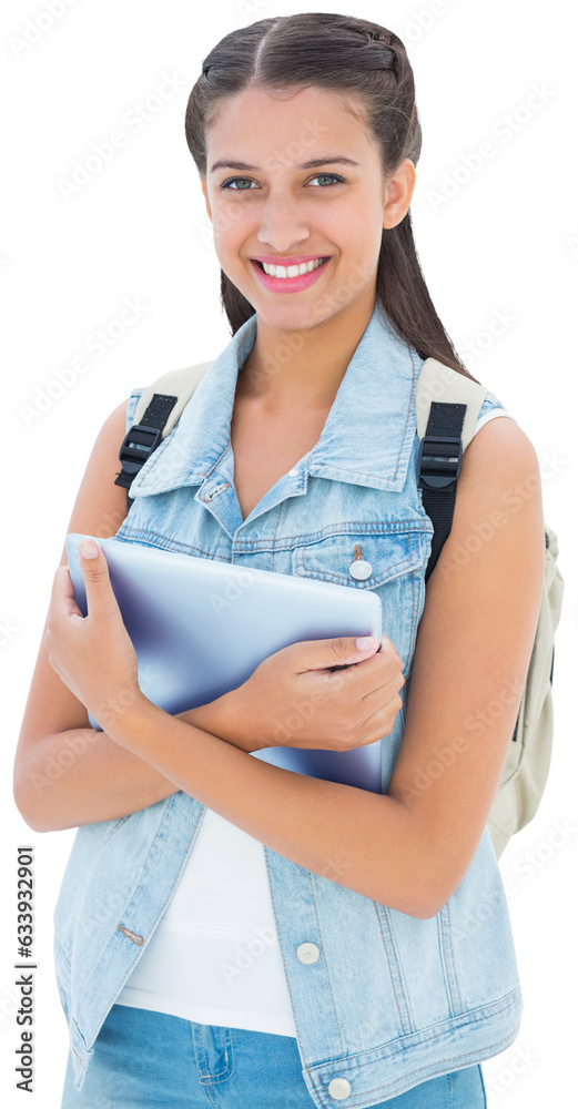 Digital png photo of caucasian schoolgirl with tablet on transparent background Digital png photo of caucasian schoolgirl with tablet on transparent background