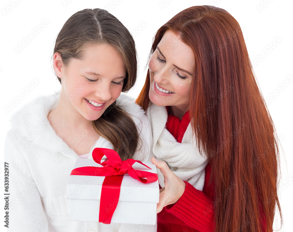 Digital png photo of caucasian mother and daughter with present on transparent background Digital png photo of caucasian mother and daughter with present on transparent background
