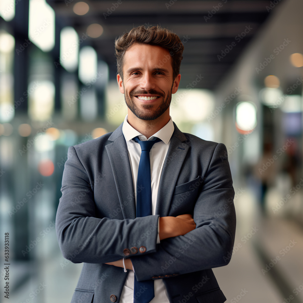 a confident man standing with his arms crossed, wearing a genuine smile on his face. The setting exudes a sense of professionalism and success. The man is dressed in a stylish suit