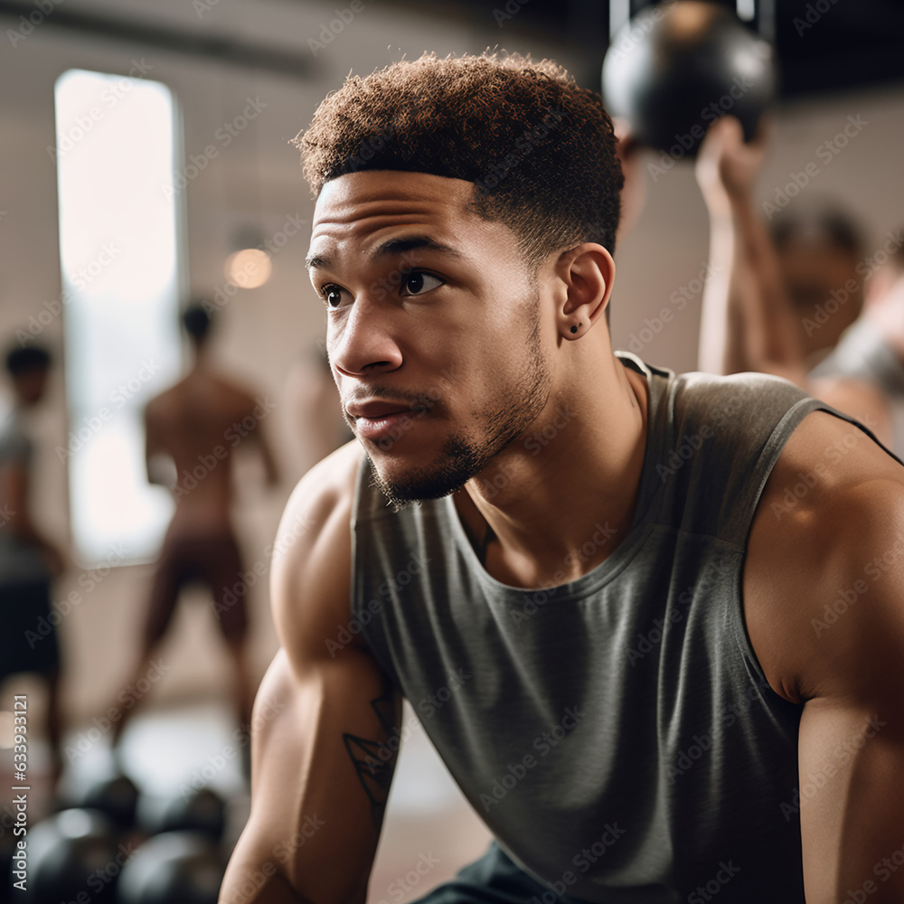 a young man working out in a fitness studio. He is dressed in athletic clothing and is lifting weights, his muscles tensed and sweat glistening on his forehead. He has a focused expression on his face
